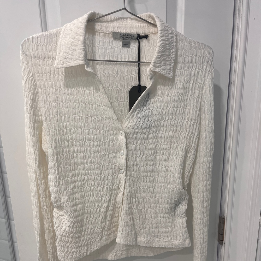 All Saints Cream Textured Button Down Shirt